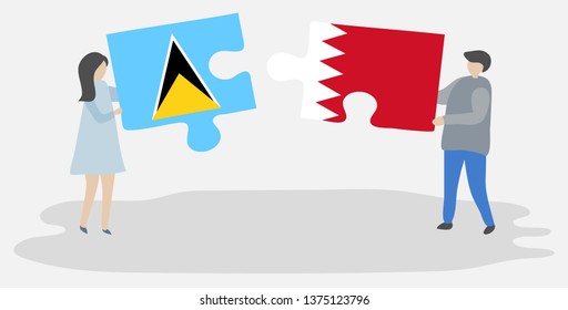 Couple holding two puzzles pieces with Saint Lucian and Bahraini flags. Saint Lucia and Bahrain national symbols together.