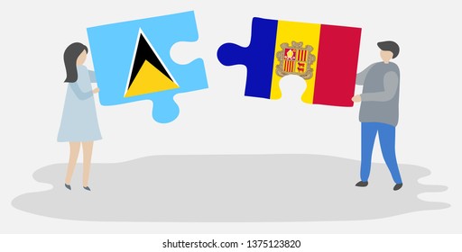Couple holding two puzzles pieces with Saint Lucian and Andorran flags. Saint Lucia and Andorra national symbols together.