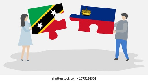Couple holding two puzzles pieces with Kittitian and Liechtenstein flags. Saint Kitts and Nevis and Liechtenstein national symbols together.