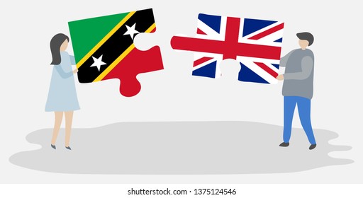 Couple holding two puzzles pieces with Kittitian and British flags. Saint Kitts and Nevis and United Kingdom national symbols together.