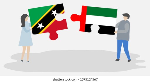 Couple holding two puzzles pieces with Kittitian and Emirian flags. Saint Kitts and Nevis and United Arab Emirates national symbols together.