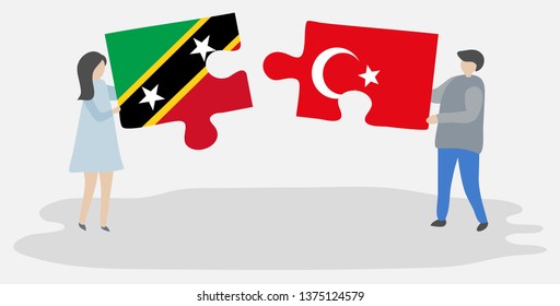 Couple holding two puzzles pieces with Kittitian and Turkish flags. Saint Kitts and Nevis and Turkey national symbols together.