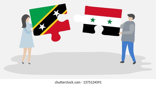 Couple holding two puzzles pieces with Kittitian and Syrian flags. Saint Kitts and Nevis and Syria national symbols together.