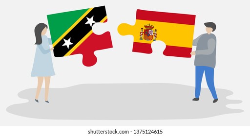 Couple holding two puzzles pieces with Kittitian and Spanish flags. Saint Kitts and Nevis and Spain national symbols together.