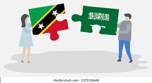 Couple holding two puzzles pieces with Kittitian and Saudi Arabian flags. Saint Kitts and Nevis and Saudi Arabia national symbols together.