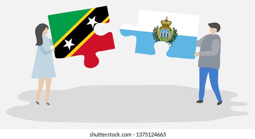 Couple holding two puzzles pieces with Kittitian and Sammarinese flags. Saint Kitts and Nevis and San Marino national symbols together.