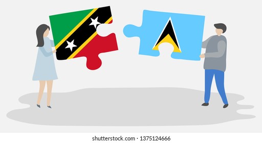 Couple holding two puzzles pieces with Kittitian and Saint Lucian flags. Saint Kitts and Nevis and Saint Lucia national symbols together.
