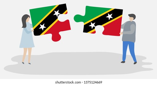 Couple holding two puzzles pieces with Kittitian and Kittitian flags. Saint Kitts and Nevis and Saint Kitts and Nevis national symbols together.