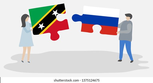 Couple holding two puzzles pieces with Kittitian and Russian flags. Saint Kitts and Nevis and Russia national symbols together.