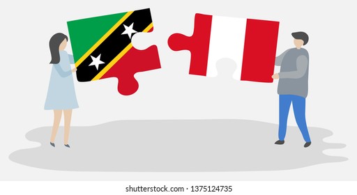 Couple holding two puzzles pieces with Kittitian and Peruvian flags. Saint Kitts and Nevis and Peru national symbols together.