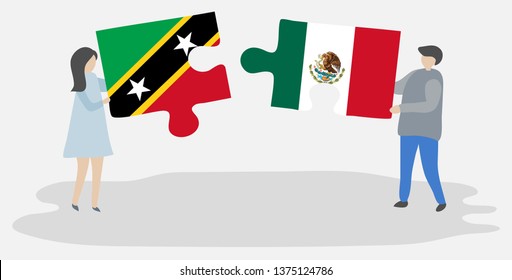 Couple holding two puzzles pieces with Kittitian and Mexican flags. Saint Kitts and Nevis and Mexico national symbols together.