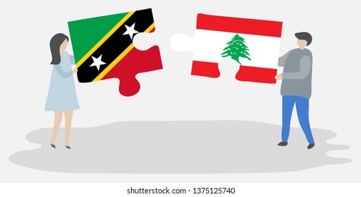 Couple holding two puzzles pieces with Kittitian and Lebanese flags. Saint Kitts and Nevis and Lebanon national symbols together.