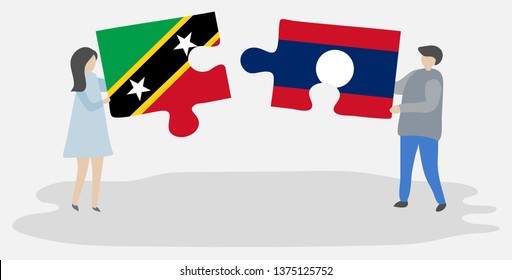 Couple holding two puzzles pieces with Kittitian and Lao flags. Saint Kitts and Nevis and Laos national symbols together.