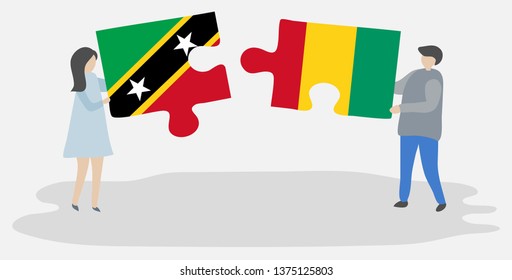 Couple holding two puzzles pieces with Kittitian and Guinean flags. Saint Kitts and Nevis and Guinea national symbols together.