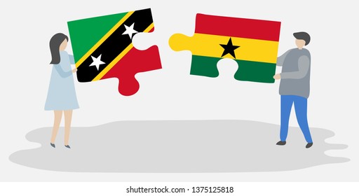 Couple holding two puzzles pieces with Kittitian and Ghanaian flags. Saint Kitts and Nevis and Ghana national symbols together.
