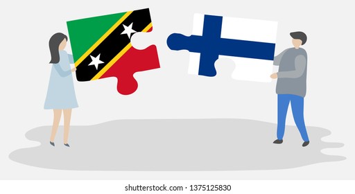 Couple holding two puzzles pieces with Kittitian and Finnish flags. Saint Kitts and Nevis and Finland national symbols together.