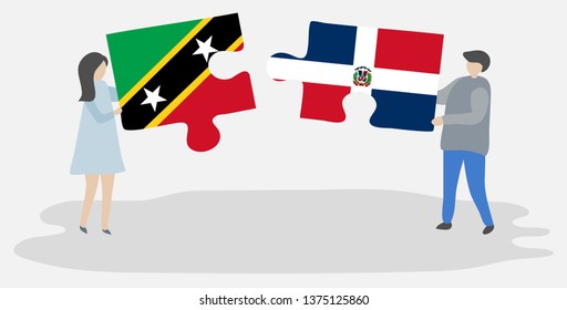 Couple holding two puzzles pieces with Kittitian and Dominican flags. Saint Kitts and Nevis and Dominican Republic national symbols together.