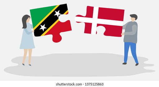 Couple holding two puzzles pieces with Kittitian and Danish flags. Saint Kitts and Nevis and Denmark national symbols together.