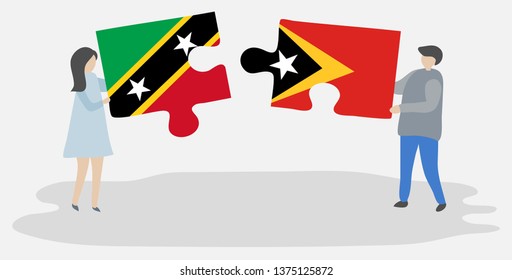 Couple holding two puzzles pieces with Kittitian and Timorese flags. Saint Kitts and Nevis and East Timor national symbols together.