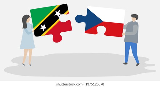 Couple holding two puzzles pieces with Kittitian and Czech flags. Saint Kitts and Nevis and Czech Republic national symbols together.