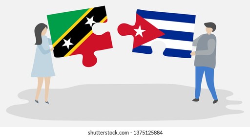 Couple holding two puzzles pieces with Kittitian and Cuban flags. Saint Kitts and Nevis and Cuba national symbols together.