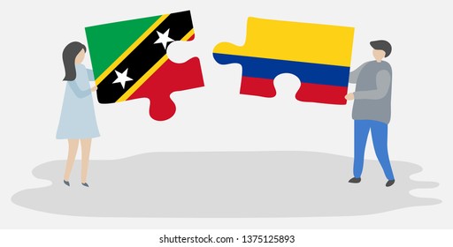 Couple holding two puzzles pieces with Kittitian and Colombian flags. Saint Kitts and Nevis and Colombia national symbols together.