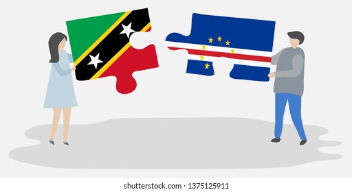 Couple holding two puzzles pieces with Kittitian and Cabo Verdean flags. Saint Kitts and Nevis and Cape Verde national symbols together.