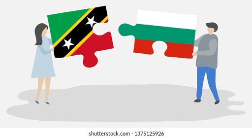 Couple holding two puzzles pieces with Kittitian and Bulgarian flags. Saint Kitts and Nevis and Bulgaria national symbols together.