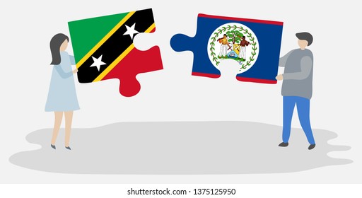 Couple holding two puzzles pieces with Kittitian and Belizean flags. Saint Kitts and Nevis and Belize national symbols together.