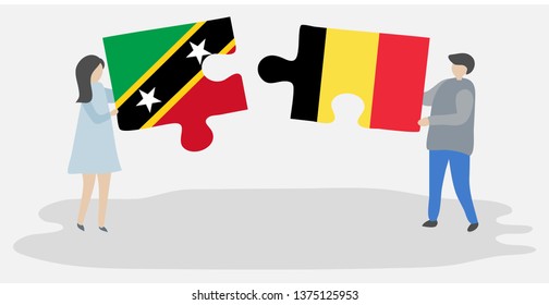 Couple holding two puzzles pieces with Kittitian and Belgian flags. Saint Kitts and Nevis and Belgium national symbols together.