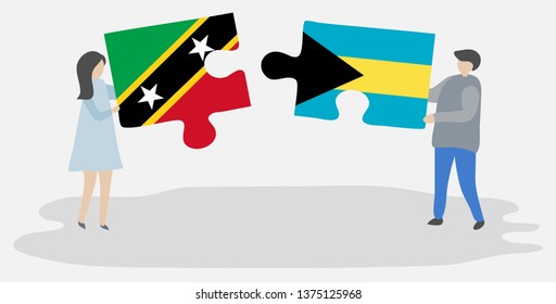 Couple holding two puzzles pieces with Kittitian and Bahamian flags. Saint Kitts and Nevis and Bahamas national symbols together.