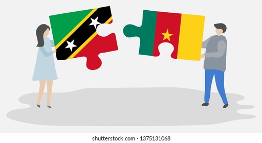Couple holding two puzzles pieces with Kittitian and Cameroonian flags. Saint Kitts and Nevis and Cameroon national symbols together.