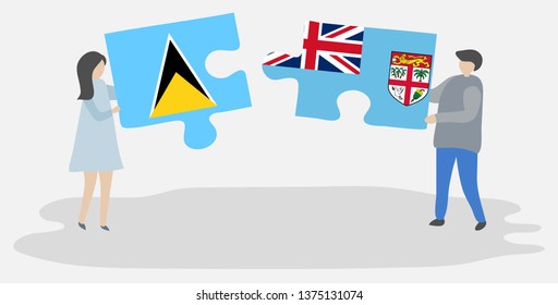 Couple holding two puzzles pieces with Saint Lucian and Fijian flags. Saint Lucia and Fiji national symbols together.