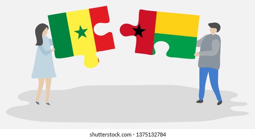 Couple holding two puzzles pieces with Senegalese and Bissau-Guinean flags. Senegal and Guinea-Bissau national symbols together.