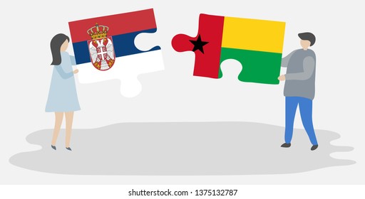 Couple holding two puzzles pieces with Serbian and Bissau-Guinean flags. Serbia and Guinea-Bissau national symbols together.