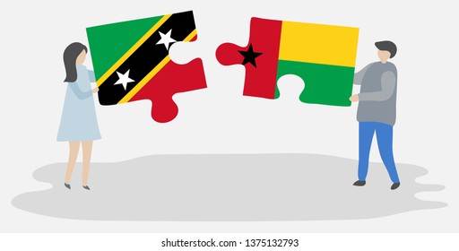 Couple holding two puzzles pieces with Kittitian and Bissau-Guinean flags. Saint Kitts and Nevis and Guinea-Bissau national symbols together.