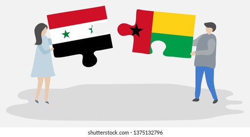 Couple holding two puzzles pieces with Syrian and Bissau-Guinean flags. Syria and Guinea-Bissau national symbols together.
