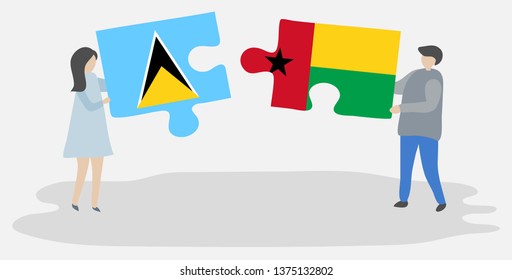 Couple holding two puzzles pieces with Saint Lucian and Bissau-Guinean flags. Saint Lucia and Guinea-Bissau national symbols together.
