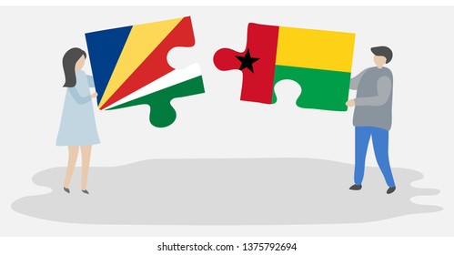 Couple holding two puzzles pieces with Seychellois and Bissau-Guinean flags. Seychelles and Guinea-Bissau national symbols together.