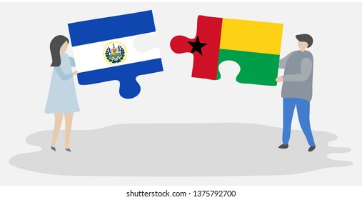 Couple holding two puzzles pieces with Salvadoran and Bissau-Guinean flags. El Salvador and Guinea-Bissau national symbols together.