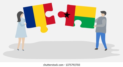 Couple holding two puzzles pieces with Romanian and Bissau-Guinean flags. Romania and Guinea-Bissau national symbols together.