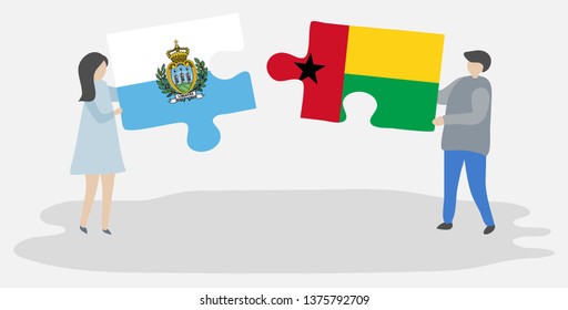Couple holding two puzzles pieces with Sammarinese and Bissau-Guinean flags. San Marino and Guinea-Bissau national symbols together.