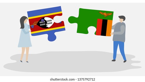 Couple holding two puzzles pieces with Swazi and Zambian flags. Swaziland and Zambia national symbols together.