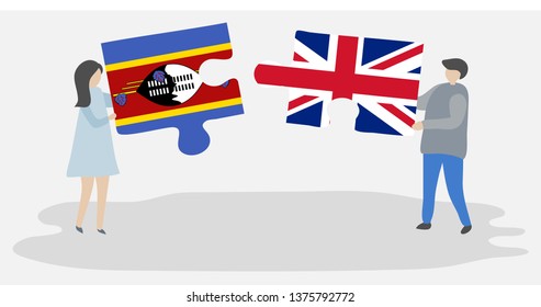 Couple holding two puzzles pieces with Swazi and British flags. Swaziland and United Kingdom national symbols together.