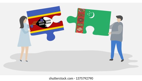 Couple holding two puzzles pieces with Swazi and Turkmen flags. Swaziland and Turkmenistan national symbols together.