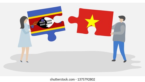 Couple holding two puzzles pieces with Swazi and Vietnamese flags. Swaziland and Vietnam national symbols together.