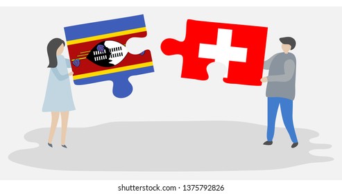 Couple holding two puzzles pieces with Swazi and Swiss flags. Swaziland and Switzerland national symbols together.