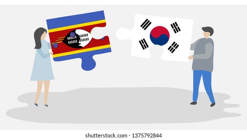 Couple holding two puzzles pieces with Swazi and South Korean flags. Swaziland and South Korea national symbols together.