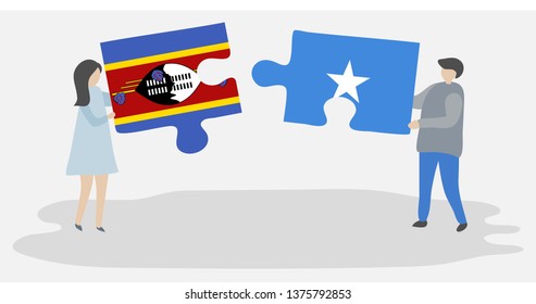 Couple holding two puzzles pieces with Swazi and Somali flags. Swaziland and Somalia national symbols together.