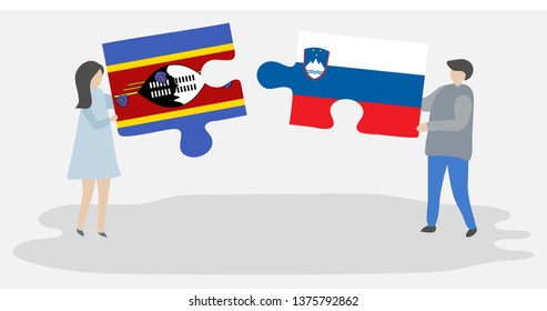 Couple holding two puzzles pieces with Swazi and Slovenian flags. Swaziland and Slovenia national symbols together.